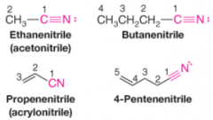 R group bonded to a CN group
C and N are sp hybridized
Named by adding -nitrile to the name of the corresponding hydrocarbon
C of CN group is assigned number 1