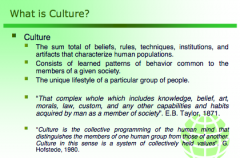 1. see above
2. Characteristics of culture include:
   1. learned
   2. shared
   3. transgenerational
   4. symbolic
   5. patterned
   6. adaptive
3. Stereotypes are assumptions about collective properties of a group that are applied to ...