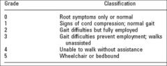 Nurick Classification sys focuses on the ambulatory status of the pt. jap Ortho Ass Class sx: chopstick func. Ranawat Class UE & LE sx, Oswestry Disability Index for back pain, not cervical myelopathy.