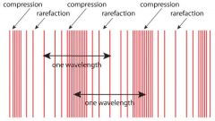 Rarefaction is where particles are spread out.


  Compression is where particles are squashed together.  



  Longitudinal waves show areas of compression and rarefaction.