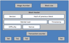 Collection of transactions
Three types of blocks
-Blocks in the main chain of blocks (successfully verified)
-Blocks in a side branch of the main chain
-Orphan blocks (no previous blocks can be found)