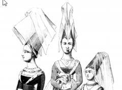 An enormous cone shaped peaked hat worn by women in the late 15th century.
