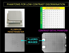 Penetrameter 2 sheets of aluminum 3/4 of an inch thick sandwich a leaded phantom

simulates the phantom being in the patient

Another way is to drill multiple holes into an aluminum block of varying diameters and depths