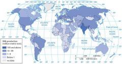 According to the map of world milk production, between 1 and 9 million metric tons of milk are produced annually in...
a. Mexico. 
b. Iran.
c. Bolivia. 
d. Libya. 
e. Iraq.