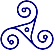 a motif consisting of three interlocked spirals, three bent human legs, or three bent/curved lines extending from the center of the symbol.
