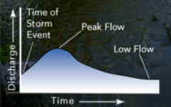 - Plots of stream flow vs. time
- Used to show how the water flow in a drainage basin (particularly river runoff) responds to a period of rain
- When gradients are steep, water runs off faster/reaches the river more quickly
- Areas of permeable ro...