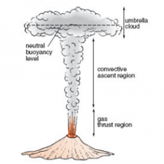 - Gas thrust region: Lower column, driven by gas expansion
- Convective thrust: Upper column, driven by constant release of thermal energy from internal ash
- Umbrella region (a.k.a. downwind plume) and fallout: Top of eruption column