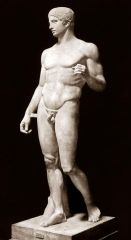 Formal Analysis: Doryphoros (Spear Bearer), Polykleitos, Original 450-440 BCE, marble, #34
 
Content:
-movement to realism
-relaxed pose
-everything is accurate
-man of opposites
-male statue--nude
 
Style:
-realism
