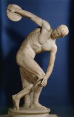 Formal Analysis: Diskobolos (Discus thrower), Myron / Athens Greece / Classical Greek, 450 BCE, marble
 
-very dynamic
-truly freed (from block of stone)
 
-realism
-much more complexity in the human form