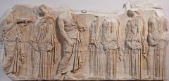 Formal Analysis: Acropolis/Plaque of Ergastines, Athens, Greece Iktinos and Kallikrates, 447-424 BCE, marble, #35
 
Content:
-low relief--shallow subtraction but as you move up the become high relief--optical illusion 
-depicts panathenaic festiva...