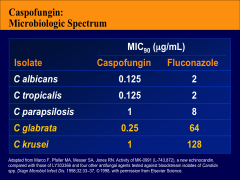 *Shows fluconazole doesn't work vs glabrata and krusei; but Caspofungins do.