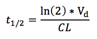 Ud fra formlen kan de ses, at halveringtiden afhænger af clearance og fordelingsvolumen.
Stor Vd giver lang halveringstid - stor CL giver kort halveringstid.