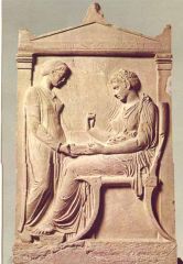 Formal Analysis: Grave Stele of Hegeso, attributed to Kallimachos, 410 BCE, marble, #36
 
Content: 
-woman pictured with a servant
-grave stone/stele
-intimate scene of Athenian life
-Hegeso is larger than the servant figure
-glimpse into everyday...
