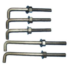 A steel bolt in the shape of an L - usually fixed within a structure at construction with the threaded portion out. Used to secure frameworks, timber, or machinery bases, etc. Can also be used in exterior posts to attache a metal post to a concret...