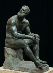 Formal Analysis: Seated boxer, Hellenistic Greek, 100 BCE, bronze, #41
 
Content:
-bronze
-seen better days, defeated--imperfections 
-patina--surface finish on a bronze
-boxing gloves torn
-emotion--defeat
 
Style:
-move away from idealistic
-int...