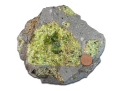 Which layer in the earth has a composition similar to the green olivine in the center of this rock?