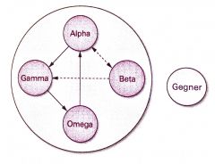 - Alpha (führt)
- Beta (unabhängig, berät)
- Gamma (anhänger) 
- Omega (Aussenseiter)
 
Ausserhalb: Gegner