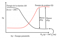 Dans cet exemple, la variation d’énergie du système chimique (ΔH) est égale à la variation d’énergie cinétique du système (Q). Ainsi, pendant que l’un augmente, l’autre diminue.On déduit que cette réaction est exothermique.