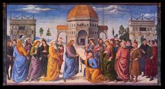 A line imagined to be behind and perpendicular to the picture plane. The orthogonals in a painting appear to recede toward a vanishing point.


i.e.) Perugino's Christ Delivering the Keys of the Kingdom