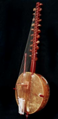 like a harp made with animal skin. main body is half of a gourd. Senegal. chordophone