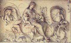 Ara Pacis, 25 bce, Early Empire
Tellus relief at end of imperial procession, surrounded by babies/life, 
Mother earth figure, 
fertility
naturalism