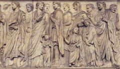 Imperial procession Frieze on Ara pacis, 25 bce, Early Empire, 
shows families, adults/kids/women, promotes family values and population growth
some of the portraits are very detailed, identifiable
low and high relief, very settled in space
Tellus, mo