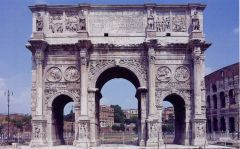 Arch of Constantine, Late Empire, 325 CE
filed with sculpture, 3 arches, commemorates battle of Melvian bridge, which is where he converts, stole lots of reliefs from other emperors' arches, and then re-carved faces to look like him