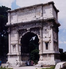Arch of Titus, 75 CE, Early Empire, 
engaged composite (ionic, corinthian) arch
After war and battles, people would walk through the arch in victory
reliefs on inside commemorate emperor, he is with victory
has coffered ceilings which takes some weigh
