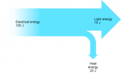 A Sankey diagram shows the level of efficiency of a scientific device or situation, and how energy is transferred and converted in that device of situation. This is a Sankey diagram (energy flow diagram) for a typical energy-saving lightbulb.