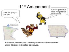 1. The 11th amendment limits lawsuits against the states. 
2. A citizen of one state can't sue the government of another state unless it is done in that state. 
3. The judicial branch cannot extend lawsuits protected against the U.S. by a citize...