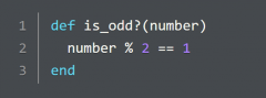 To determine if a number is odd without using #odd? or #even?, we just need to check if the number modulo 2 is 1. In ruby, we use the % to perform modulus operations, so we use it here to determine whether the number is odd.


Further Exploration
...