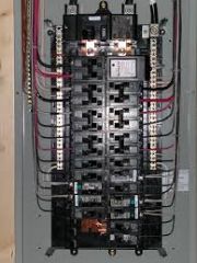 A fuse panel or distribution board is a component of an electricity supply system
which divides an electrical power feed into subsidiary circuits, while providing a protective
fuse or circuit breaker for each circuit, in a common enclosure.