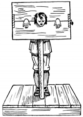 a device having a wooden board with holes for the head and arms, in which offenders were exposed to public scorn.

