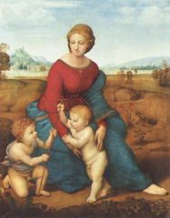 Raphael - Madonna Alba - 1511-13
Renaissance
Mary, Jesus and John the Baptist, in a typical Italian countryside. John the Baptist is holding up a cross to Jesus, which the baby Jesus is grasping. All three figures are staring at the cross. The three fig