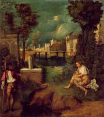 Giorgione - Three Philosophers - 1507-8
high renaissance
Sometimes interpreted as symbols of Plato's cave or the Three Magi
ook the tempest