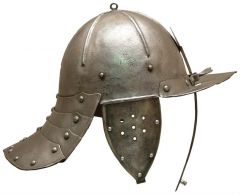 a soldier's helmet with jointed plates on the back to protect the neck.