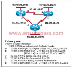 Refer to the exhibit. Based on the exhibited routing table, how will packets from a host within the
192.168.10.192/26 LAN be forwarded to 192.168.10.1?

A. The router will forward packets from R3 to R2 to R1. 
B. The router will forward packets...