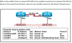 A. The cable that is connected to S0/0 on RouterA is faulty. 
B. Interface S0/0 on RouterB is administratively down. 
C. Interface S0/0 on RouterA is configured with an incorrect subnet mask. 
D. The IP address that is configured on S0/0 of Ro...