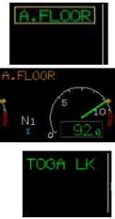 - A. FLOOR in green surrounded by an amber box in Column 1 of the

								FMA. 
- A. FLOOR appears in amber above the N1 indications on

								the E/WD. 
- Engine thrust automatically accelerates to TOGA. 
- Once condition causing Alpha ...