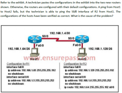 A. The serial cable on R1 needs to be replaced. 
B. The interfaces on R2 are not configured properly. 
C. R1 has no route to the 192.168.1.128 network. 
D. The IP addressing scheme has overlapping subnetworks. 
E. The ip subnet-zero command m...