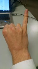 Start in the same position as "I." Then draw a "J" with your pinky, ending with back of hand facing other person, looking like this.