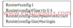 Refer to the exhibit. What is the result of setting the no login command?

A. Both SSH and Telnet access is denied. 
B. Both SSH and Telnet access requires a password.
 C. Both SSH and Telnet access requires a new password at first login. 
D. ...
