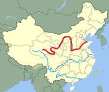 Identify the river (red line) upon the earliest Chinese civilizations emerged: