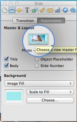 The Slide Inspector also gives you the option to select different master slides if you click the Appearance tab.