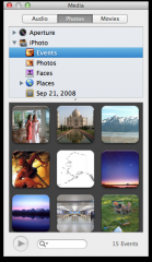 The “Media Browser” is the way to easily access content created using the iLife and Aperture applications