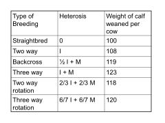 Least heterosis (0%) = straightbred

Most heterosis (123%) = 3-way cross (complete individual + maternal heterosis)