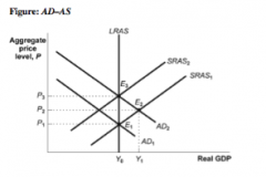 11. (Figure: AD–AS) Refer to the AD–AS diagram. Suppose the economy is initially at E1, where AD1 intersects SRAS1 and LRAS. Now, suppose that the AD1 shifts to AD2. That shift could be due to:
A) an increase in the aggregate price level.
B) a decrease 