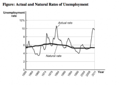 25. (Figure: Actual and Natural Rates of Unemployment) Refer to the information in the figure. In 1982, the actual unemployment rate was approximately:
A) zero.
B) 4%.
C) 6%. 
D) 10%.