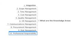 Integration
Scope Management
Time Management
Cost Management 
Quality Management
HR management
Communications Management
Procurement Management
Risk Management
Professional Responsibility