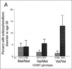 1. COMT is involved in metabolizing dopamine after it has been released into the synapse. There are two COMT genotypes: val (BAD at cleaning up) and met (GOOD at cleaning) 

2. The study revealed that genetic and environmental factors both play a role i